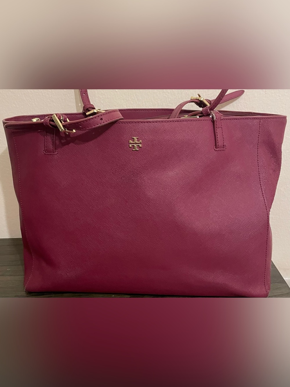 Tory Burch Magenta Leather Tote with Gold Logo